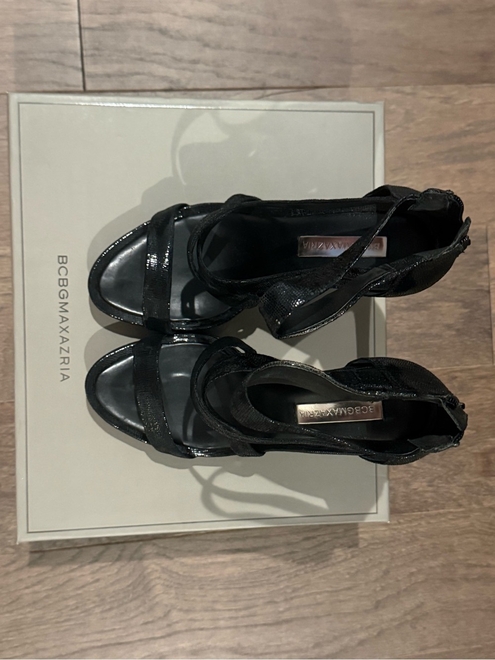 BCBGMaxAzria Black Strappy Patent Heel Sandals